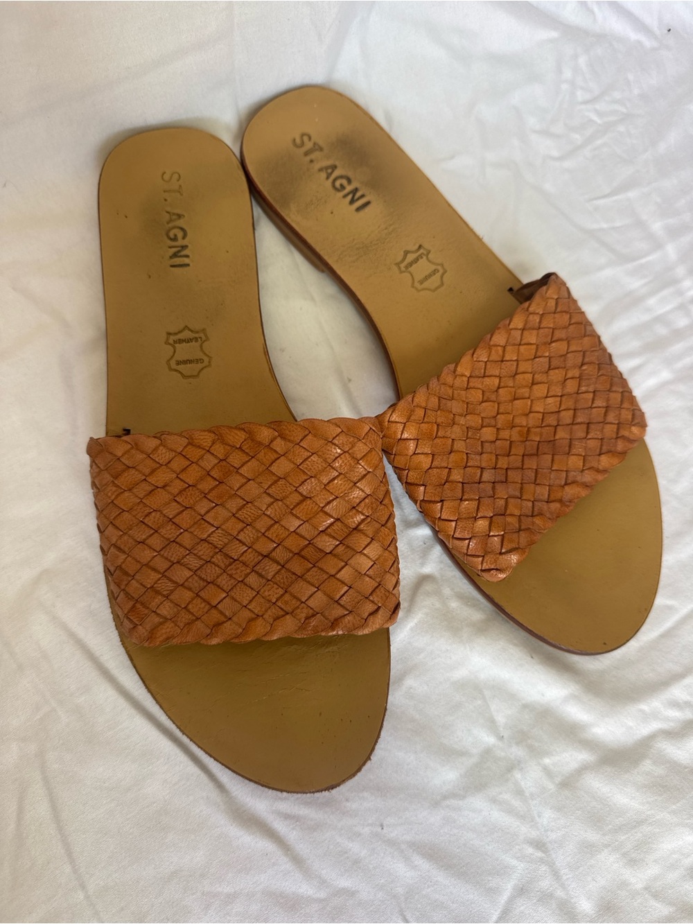 St. Agni Woven Leather Slide Sandals in Cognac Tan